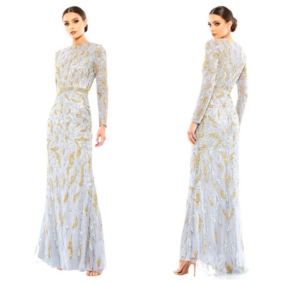 NEW! Mac Duggal Platinum Silver Gold Paisley Beaded Long Sleeve Gown SZ 6 - Picture 1 of 11